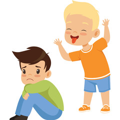 Upset Boy Sitting Alone While Another Boy Teases With a Smile and Tongue Sticking Out on Transparent Background