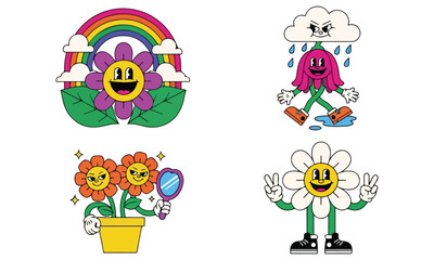 Groovy Retro 70s Aesthetic Sticker Pack: Good Vibes Only, Psychedelic Aliens, Melting Smileys, and Trippy Icons Vector Clipart.