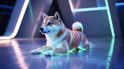 Shiba Inu Dog with Neon Lights in Futuristic Setting , shiba inu, dog, animal, pet, futuristic, neon, lights, glowing
