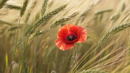 Single Red Poppy in a Golden Wheat Field flower , poppy, red, flower, wheat, field, nature, summer, agriculture