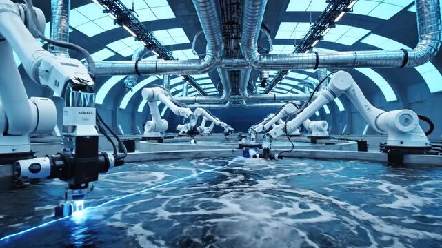 Industrial interior with robotic arms working above water, with pipes. Modern, futuristic design