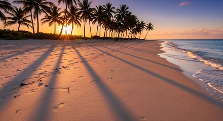 Tropical Beach Sunset - Palm Trees and Golden Light on the Shore.