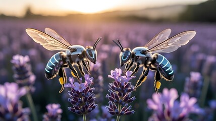 Two robotic bees with glowing blue accents on lavender flowers at sunset mechanical, insects, futuristic, glowing