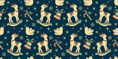 A seamless Christmas pattern featuring a rocking deer, holiday decorations, and candies against a night sky