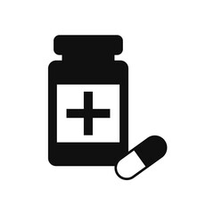 A black and white icon of a bottle and pills