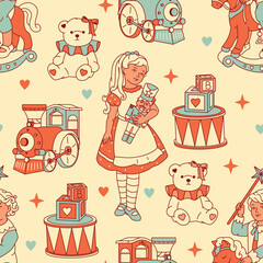 A cozy retro seamless pattern of vintage toys including alphabet blocks, a drum, teddy bear, and Nutcracker soldier. Perfect for nursery designs.