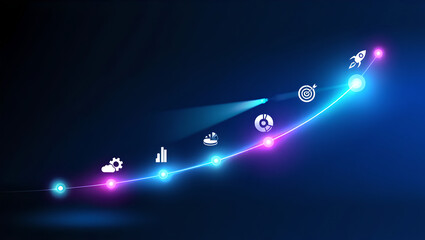 Neon glowing upward line graph with various icons (cloud, chart, target, rocket) representing stages of progress.