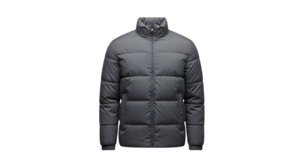 A stylish gray puffer coat with a high collar and button closure isolated on transparent background