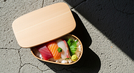 Japanese sashimi bento box with fresh fish for healthy food delivery service or restaurant menu