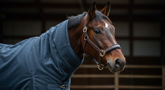 Beautiful bay horse with winter blanket, portrait for equestrian club and animal care branding