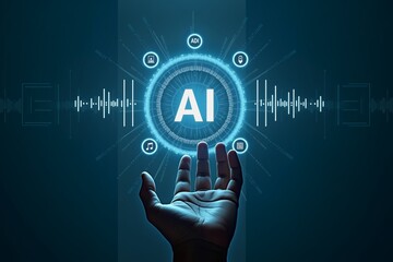 Hand reaches toward glowing AI interface, surrounded by data waves and tech icons against dark blue background.