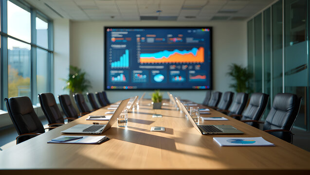 Executive meeting room with a light wooden table, laptops, and a large wall-mounted screen showing a data dashboard.