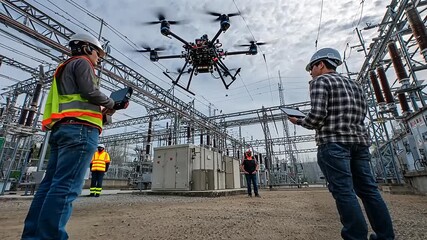 Engineers operating a drone in a power station, monitoring infrastructure and ensuring safety - Powered by Adobe