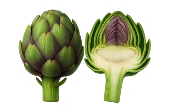 Artichoke illustration showing freshness and healthy eating, with a full vegetable and a detailed cross-section