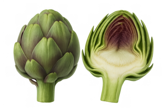 Artichoke whole and halved showing raw vegetable with detailed cross section and fresh green leaves on transparent background