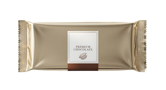 A single unopened bar of premium dark chocolate with elegant gold foil packaging and a white label isolated on transparent background