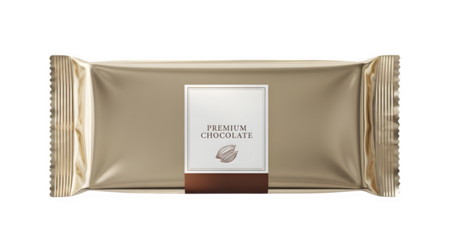 A single unopened bar of premium dark chocolate with elegant gold foil packaging and a white label isolated on transparent background
