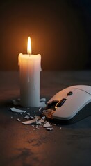 A lit candle with melted wax next to a computer mouse on a dark surface, creating a contrast between light and shadow in a minimalistic setting