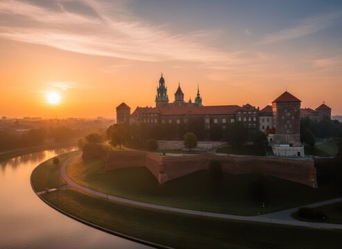 A castle with towers and a river reflecting the sunrise's golden hues