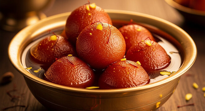 Indian gulab jamun soaked in warm saffron syrup, served in a brass bowl - Powered by Adobe