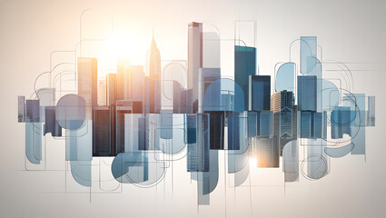City skyline overlaid with a modern, abstract composition of blue/white geometric shapes and outlines.
