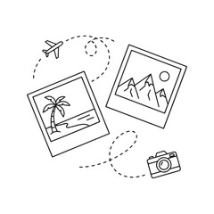 Travel memories concept illustration with instant photos of mountain and beach landscapes, a camera, and airplane. Black and white line art.

