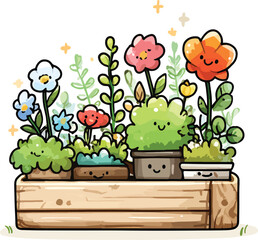 Cute cartoon flowers and plants in wooden planter box