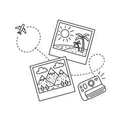 Travel memories concept illustration with instant photos of mountain and beach landscapes, a camera, and airplane. Black and white line art.
