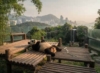 A relaxed panda basks on a bamboo platform overlooking a cityscape