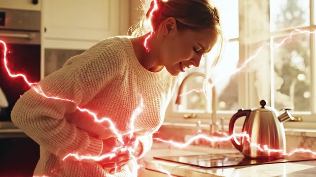Woman in kitchen clutching stomach, in pain with electric graphic, and window backdrop