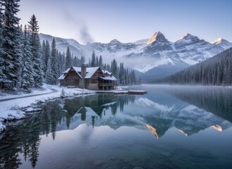 A snow-covered cabin by a serene lake, reflecting snow-capped mountains and trees