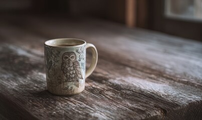 A mug with owls on it sits on a wooden table