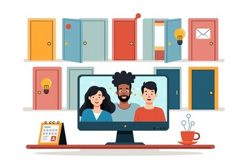Virtual meeting: diverse team members connect online, smiling around a central screen. Collaborative and inclusive workplace culture.