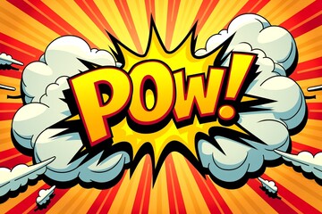 Vibrant comic-style explosion with bold "BOW!" text, dynamic rays and clouds. Retro cartoon energy burst.
