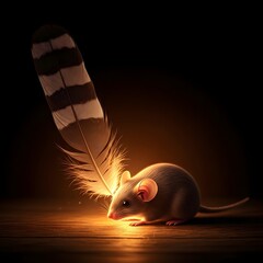 A tiny mouse with a large feather in a dark, glowing environment creating a magical and whimsical atmosphere