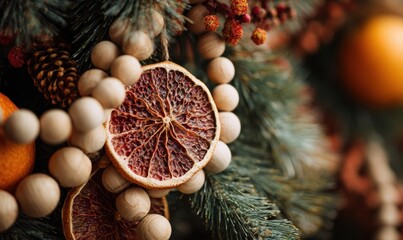 A tree with a wreath of dried fruit on it