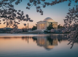 Classical domed building reflects in water framed by blossoming trees at dawn