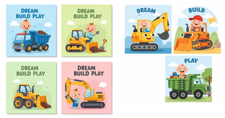Cute cartoon construction vehicles and babies engaged in fun activities, promoting imagination and play © Amremite〆