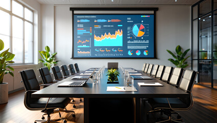 Modern, empty conference room with a black table, leather chairs, and a large screen displaying charts.