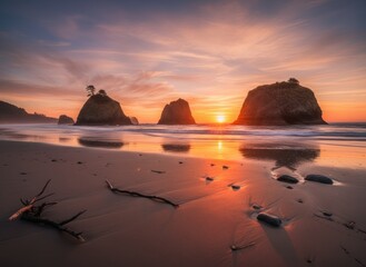 Coastal sunset featuring rock formations silhouetted against a fiery sky with water reflection