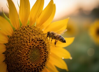 A bee approaches a sunflower head, bathed in soft, golden light, with others blurred in background