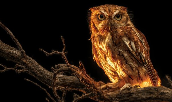 A small brown owl is perched on a branch in the dark