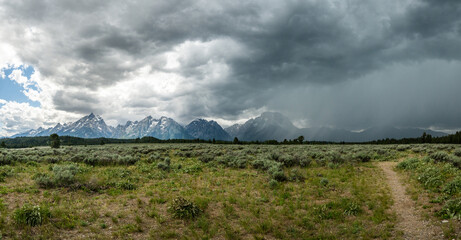 Narrow Trail Heads Toward Rainy Grand Teton Mountains