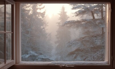A window with a view of trees covered in snow