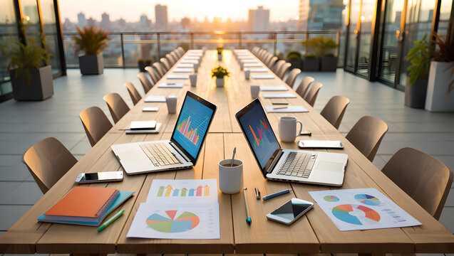 Long table on a rooftop at sunset, set up for a meeting with laptops and charts. - Powered by Adobe