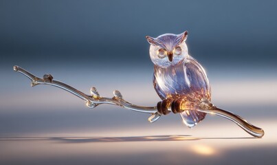 A glass owl is perched on a branch