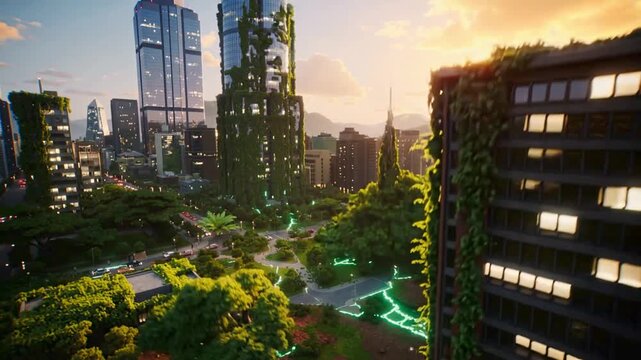 futuristic eco city with giant ancient trees growing over skyscrapers and busy streets during a beautiful sunset scene