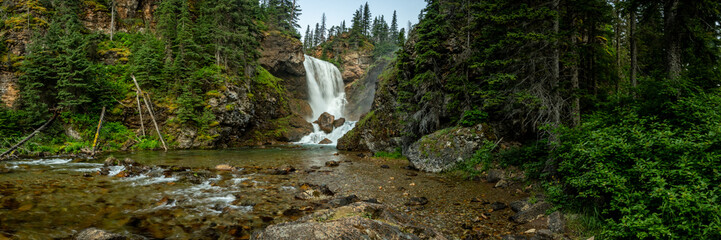 Panorama Of Dawn Mist Falls From Below In Glacier