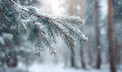 A snow covered pine tree branch with snow on it