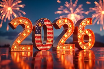 Fireworks burst behind glowing "2026" numbers adorned with American flag stars, reflecting on wet pavement under twilight sky.
